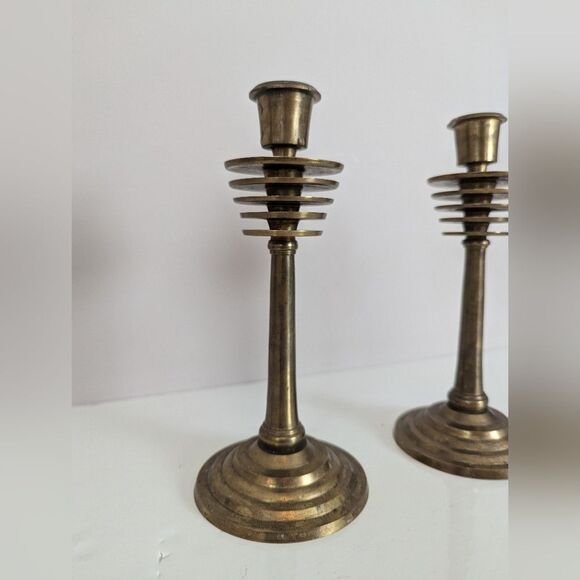 Pair of Vintage Brass Candlestick Holders – 7.5" Tall – MCM Deco Style - Picture 3 of 7